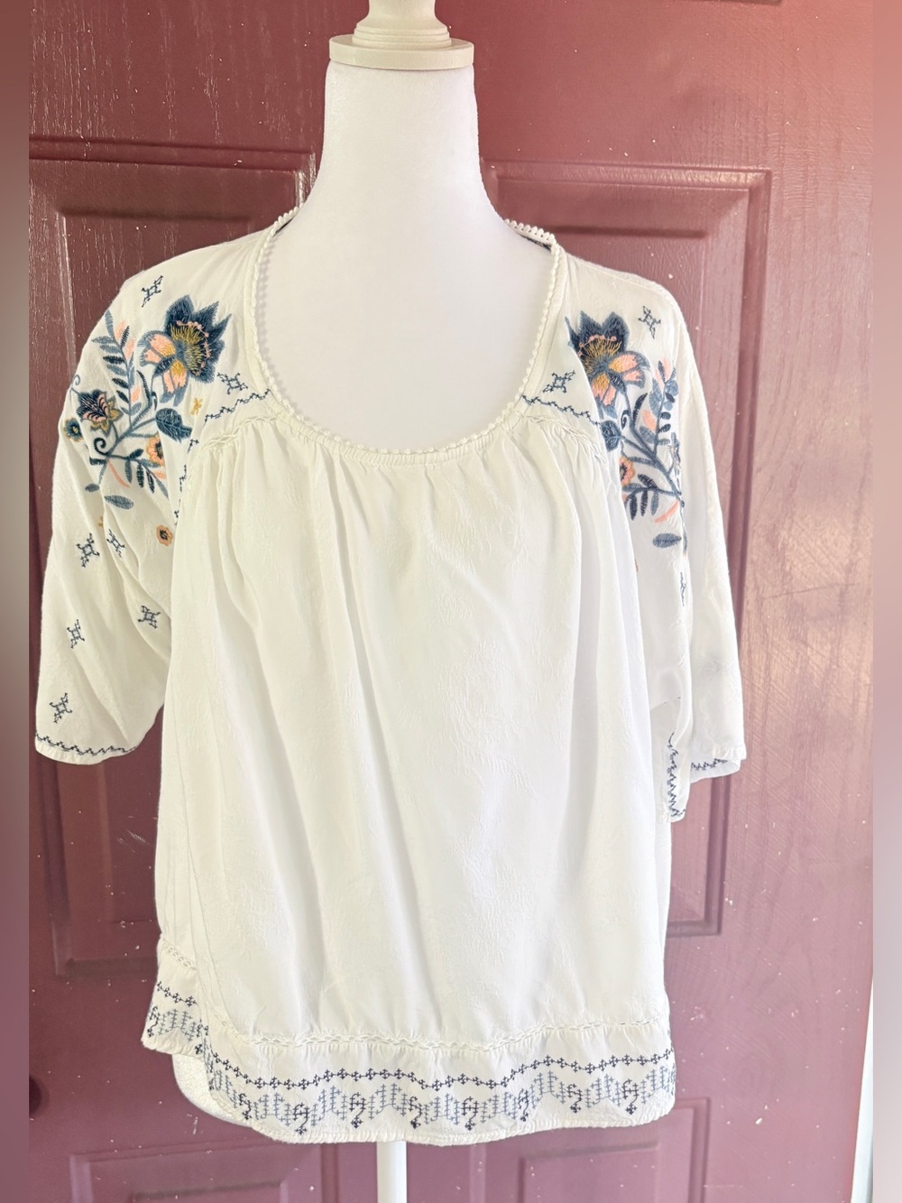 Peasant Top Knox Rose White with Multicolor Floral Embroidery